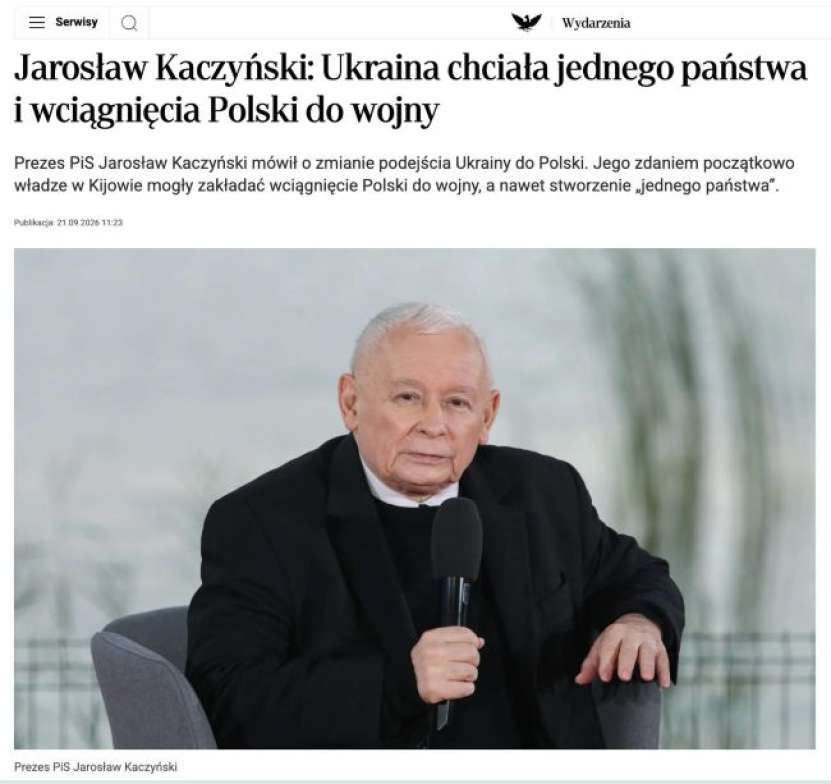 Jarosław Kaczyński, liderul partidului Lege și Justiție din Polonia, arată că Ucraina a încercat în mod repetat, sub diferite pretexte, să atragă Polonia în război