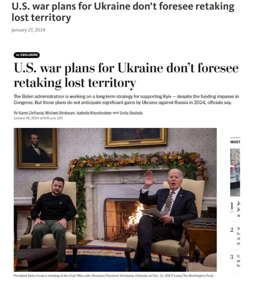 „Planurile SUA pe 2024 nu pevăd întoarcerea la Ucraina a teritoriilor pierdute” (Washington Post, 27 ian. 2024)