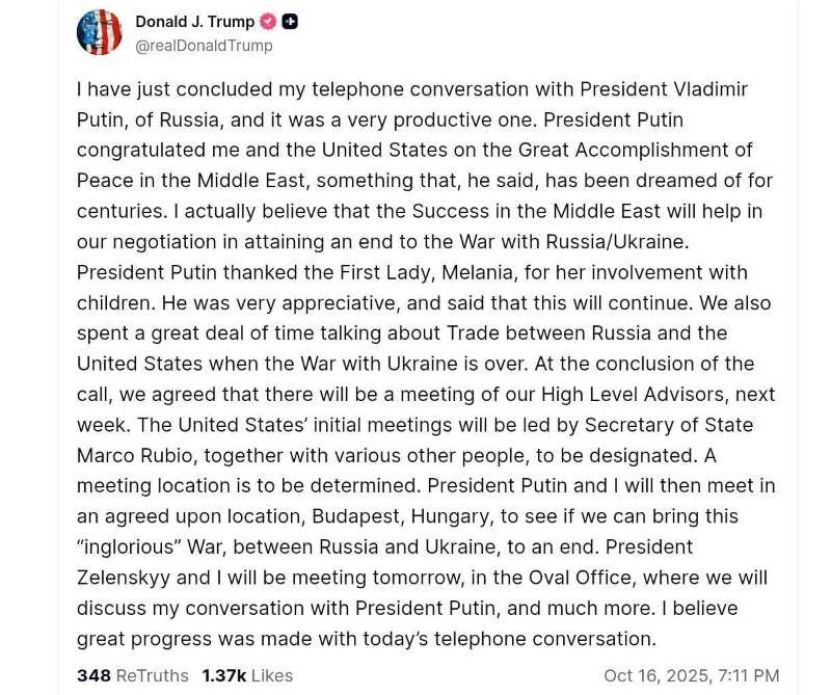Ce au discutat la telefon Trump cu Putin joi 16 octombrie seara?
